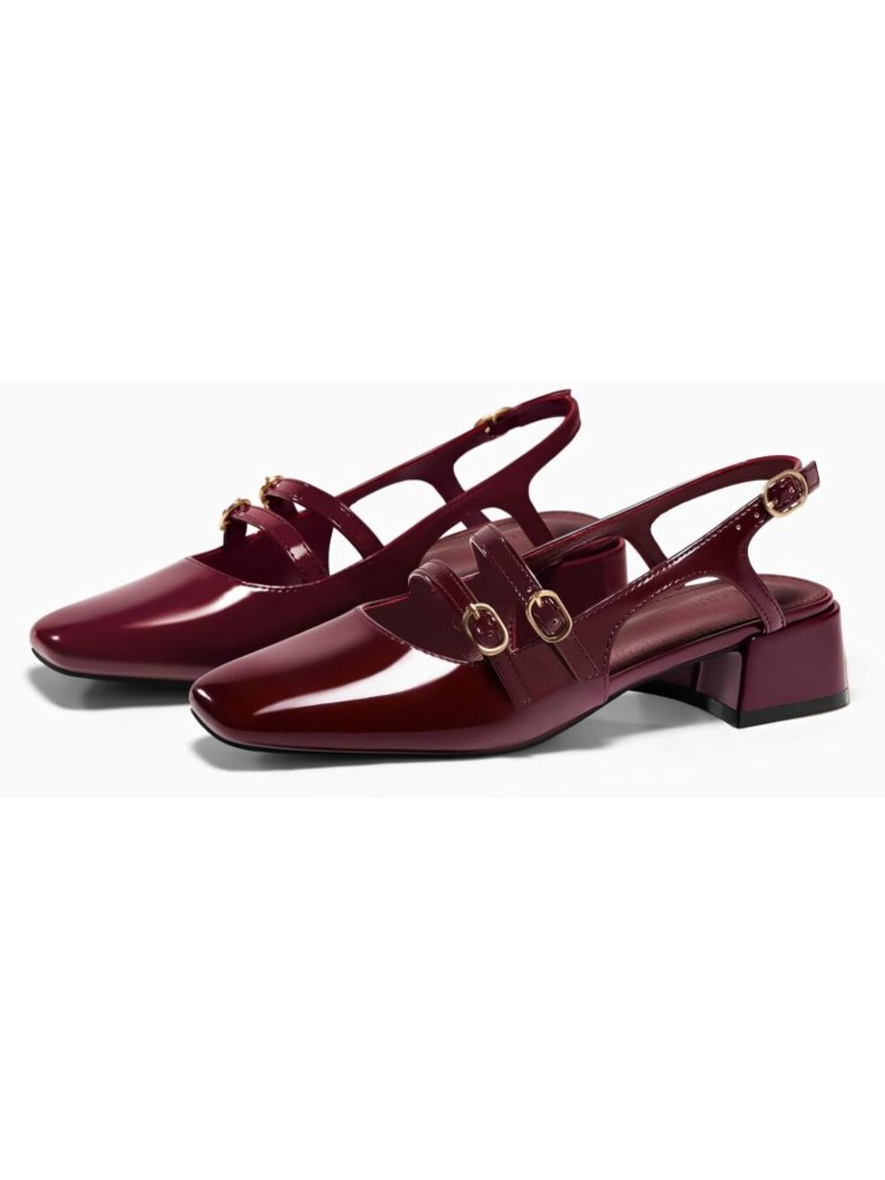 Women's Dark Red Mary Jane Chunky Low Heel Slingback Closed Square Toe Shoes - Picture 4 of 6